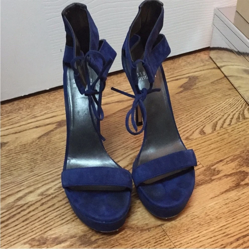 Stuart Weitzman Blue Suede Platform Heels 7.5 Made in Spain Lace-Up Stiletto